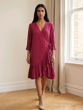 April Cornell Wrap Boho Sheer Ruffle Rayon Midi Dress Damask Woven Rayon Medium